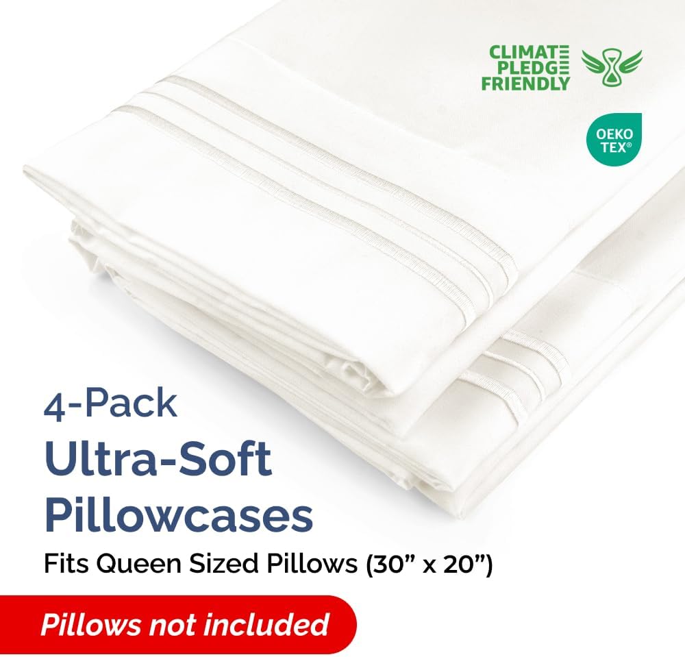 Queen Pillow Cases by [Brand Name] - Ultra Soft Hotel Quality Covers | Comfy, Wrinkle-Free & Fade Resistant - 4 Piece Set in Antique White