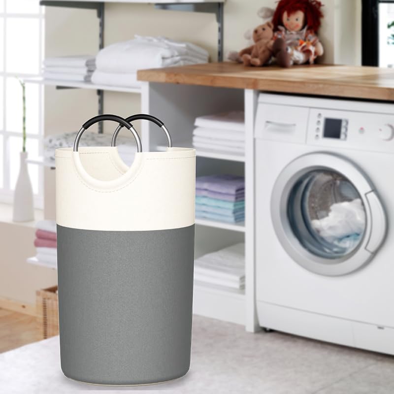 Skiennix 90L Laundry Hamper - Large Collapsible Baskets with Soft Aluminum Handles | Grey, 2 Pack