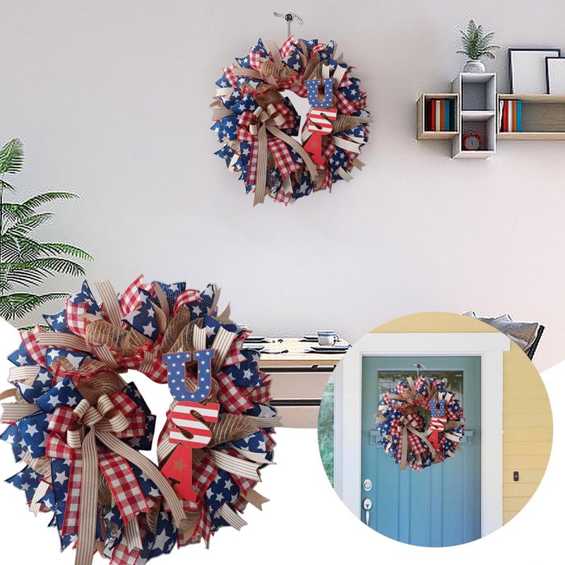 4th of July Patriotic Wreath for Front Door - Red White Blue Flower Wreath - Variation C