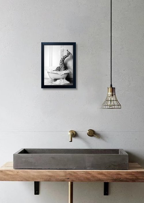 Funny Giraffe in Bathtub Canvas Wall Art - Black and White Bathroom Decor by [Brand Name]