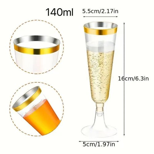 CYUU 50 Pack Plastic Champagne Flutes 5.5oz Clear Gold Rim Disposable Suitable for Wedding, Birthday Party, Thanksgiving Day, Christmas Supplies