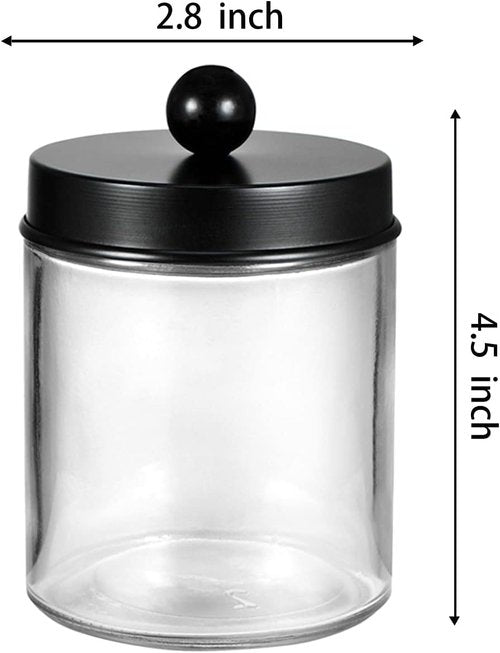 Amolliar Apothecary Jars Set - 4 Pack Bathroom Storage Canisters with Stainless Steel Lids & Cute Stickers | Black Qtip Dispenser for Cotton Swabs & Makeup Sponges