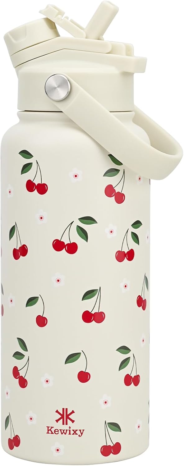 Skiennix 32 oz Cherry Water Bottle - 2-in-1 Leak-Proof Lid with Straw & Spout | Reusable Stainless Steel for Travel & Gym