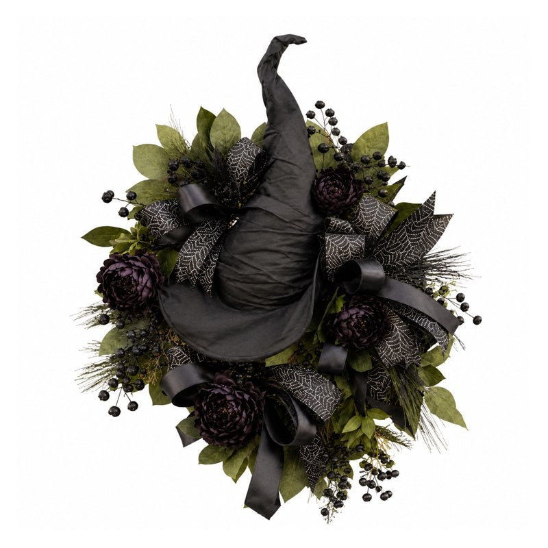 Halloween Wreath with Witch Hat & Black Roses - Gothic Fall Door Decor - 18 Inch - Variation: 🎁 Witch Hat