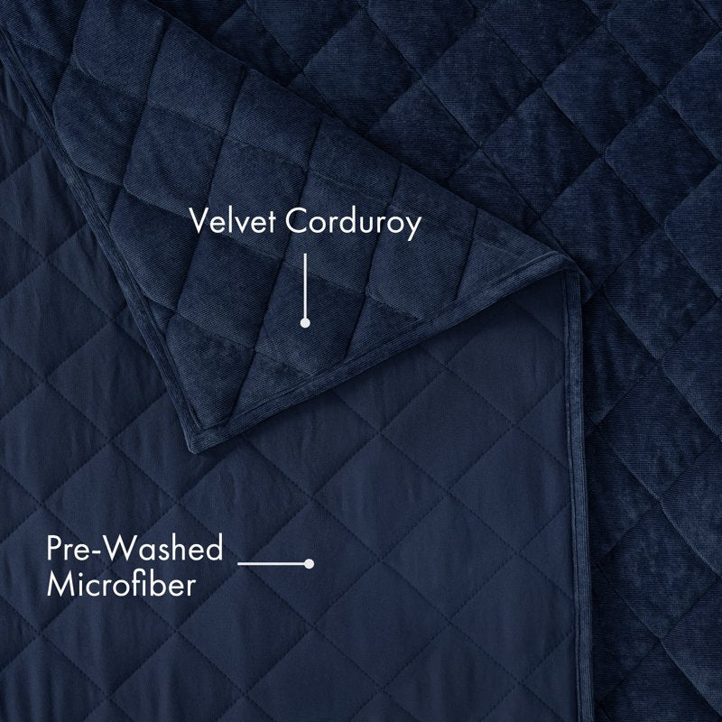 Navy Blue Full/Queen Velvet Corduroy Quilt 90x92 Inches - Cozy Microfiber Bedding