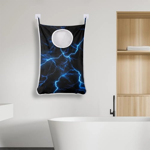 Blue Lightning Bolt Hanging Laundry Hamper Bag Foldable Wall Laundry Basket Hanging Clothes Bathroom Storage Organization Door Hamper with Stainless Steel Hooks