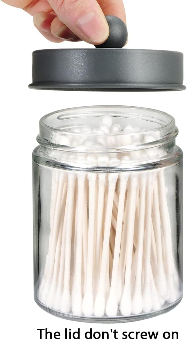 Amolliar Apothecary Jars - Stylish Bathroom Storage Organizer | Glass Canister with Lid for Q-Tips, Cotton Swabs & Makeup Accessories - Grey (2 Pack)