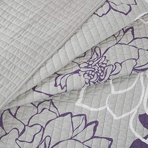 Madison Park Lola 100% Cotton Quilt Set-Casual Floral Channel Stitching Design All Season, Lightweight Coverlet Bedspread Bedding, Shams, Decorative Pillows, Full/Queen (90 in x 90 in), Purple 6 Piece