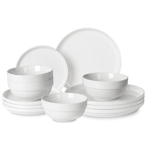 HAPPY KIT 12 Pieces Porcelain Dinnerware Set, Serving Plates and Bowls Set for 4, Chip and Scratch Resistant White Kitchen Dishware Sets, Thick-edge Non-slip Design