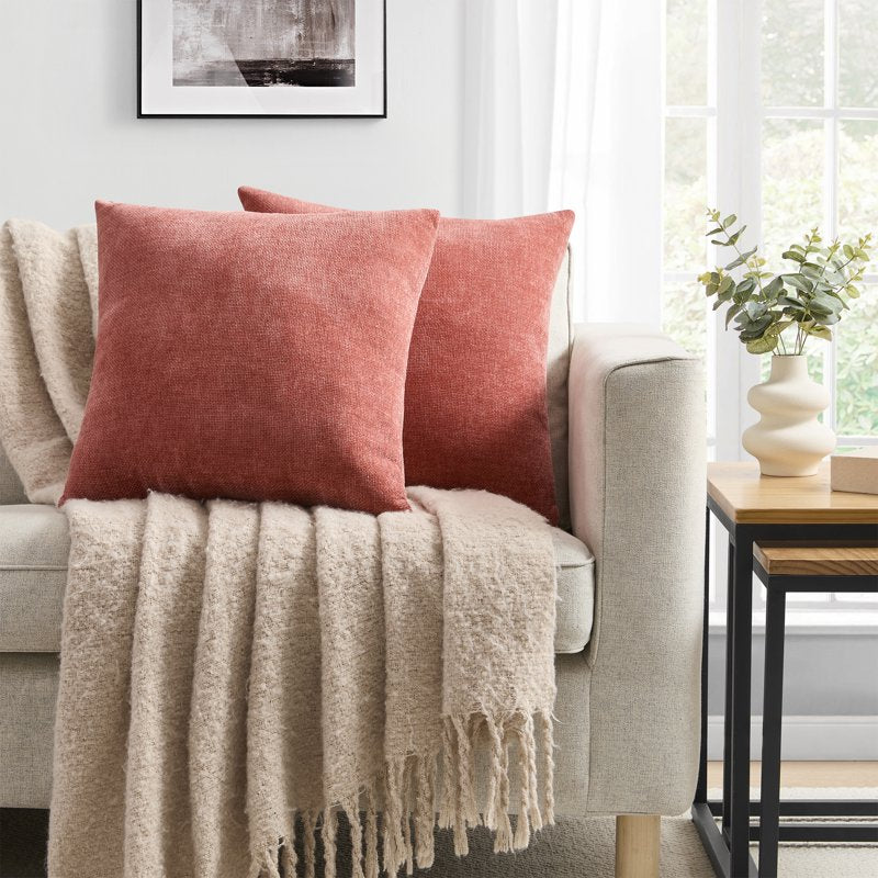 Decorative Throw Pillow Set - 2 Grey 18x18 Inch Chenille Cushions for Sofa Bed Couch - Variation of Red Canyon