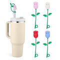 Straw Cover Cap for Stanley Cup, Cute Straw Toppers Compatible with 20 30 40 Oz Tumbler, Cute Silicone Rose Flower, Fit 6 8 10mm Straws Accessories for Women Kids Gift, Red Pink Blue White