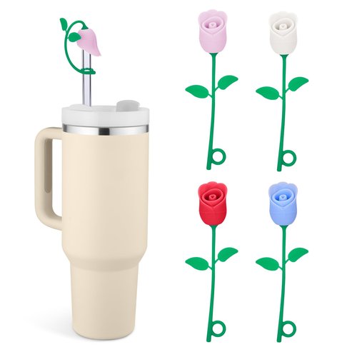 Straw Cover Cap for Stanley Cup, Cute Straw Toppers Compatible with 20 30 40 Oz Tumbler, Cute Silicone Rose Flower, Fit 6 8 10mm Straws Accessories for Women Kids Gift, Red Pink Blue White
