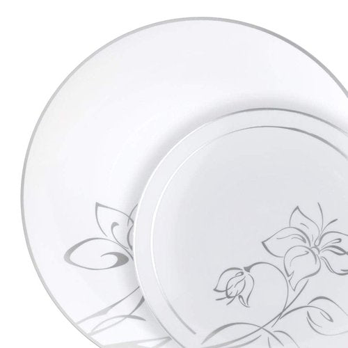 Silver Floral Lunch & Dinner Combo Plates (7.5" & 10", 32 Pieces) - Perfect for Upscale Events & Celebrations, Perfect for Mix & Match Dining