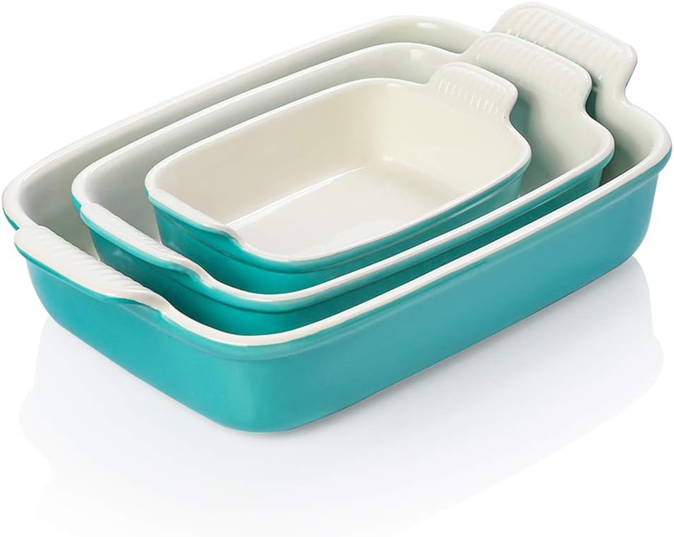 Sweejar Baking Pans Set - Durable Ceramic 9x13 Baking Dish with Handle | 3-Piece Casserole Bakeware Set in Turquoise