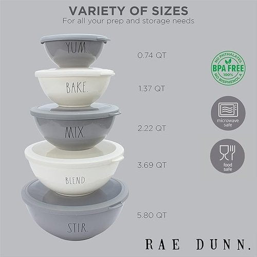Rae Dunn Mixing Bowls with Lids - 10 Piece Plastic Nesting Bowls Set includes 5 Prep Bowls and 5 Lids (Grey)