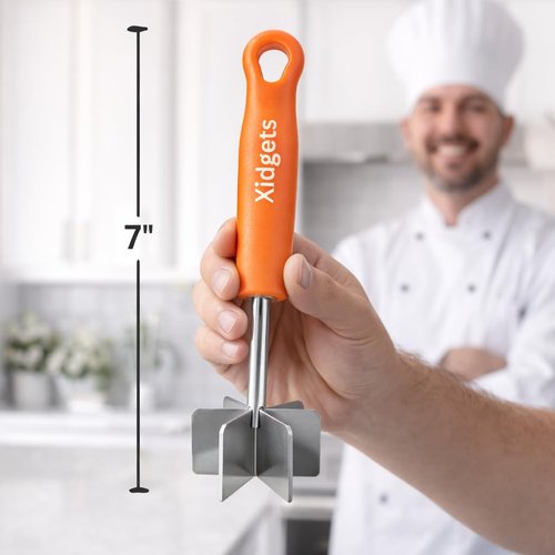 Mini Stainless Steel Meat Masher, Small Ground Beef Chopper, Mini-sized Pastry Dough Blender & Crumble Maker. Mini Meat Masher and pastry tool by Xidgets (Retro Orange)