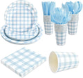 Skiennix 168-Piece Gingham Party Supplies Set - Disposable Plates, Napkins & Cutlery for 24 Guests | Blue