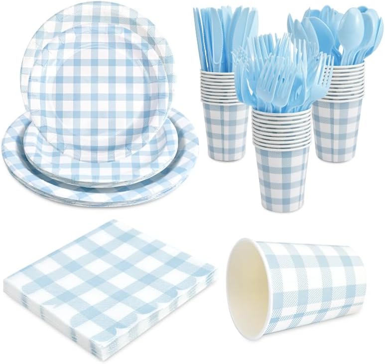 Skiennix 168-Piece Gingham Party Supplies Set - Disposable Plates, Napkins & Cutlery for 24 Guests | Blue