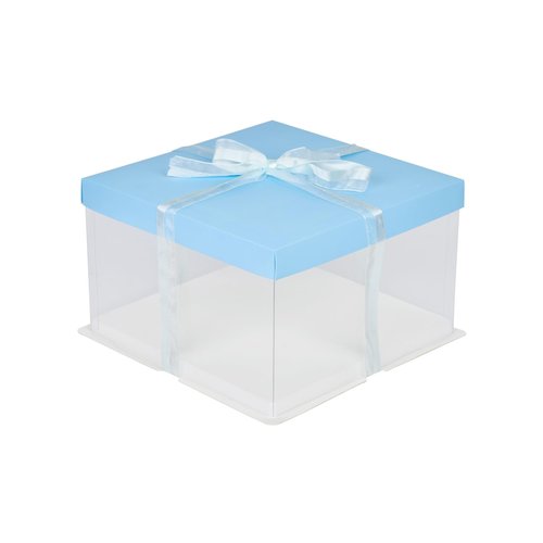 Restaurantware-Sweet Vision 10 Inch x 8.25 Inch Transparent Cake Boxes, 10 Grease Resistant Base Clear Cake Boxes - Blue Lid, Blue Ribbon, Plastic Birthday Box, For Weddings Or Birthdays