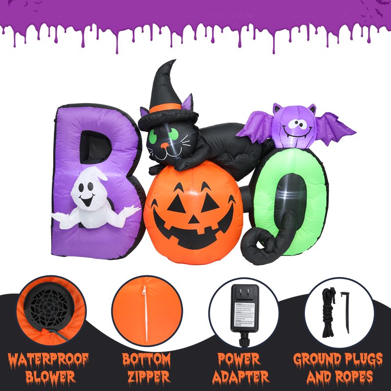 Halloween Inflatable Yard Decoration 6 Ft Pumpkin Ghost Black Cat & Bat Lighted