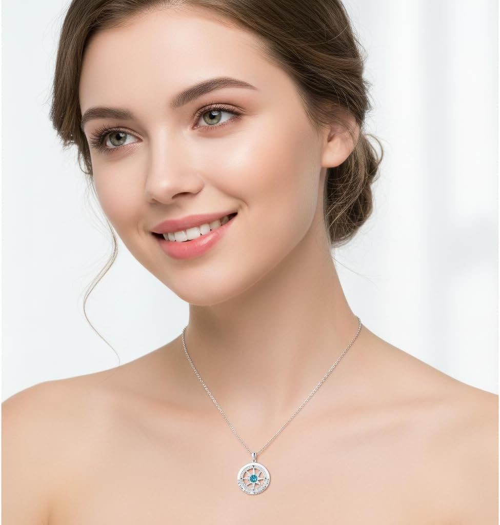 Skiennix Compass Necklace - S925 Sterling Silver Jewelry for Women | Elegant Rose Gold Gift with 12 Birthstones