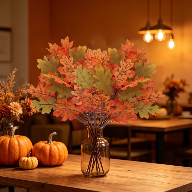 Artificial Maple Leaf Bushes - Green Fall Decor Stems for Vase, Thanksgiving & Halloween Centerpieces, 2 Pack