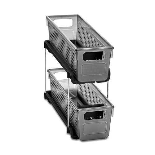 madesmart Premium Small 2 Tier Organizer, Under Cabinet Storage with Sliding Drawers, for Cleaning Supplies, Pantry, Sponges, Bottles, Adjustable Dividers & Pull Out Sliding Baskets, Carbon