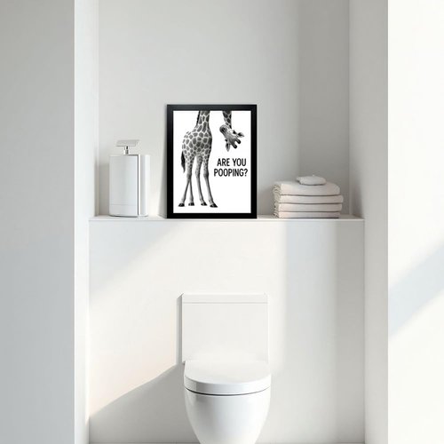 Funny Giraffe Bathroom Wall Art - 'Are You Pooping?' 8x10" Black & White Framed Print | Quirky Home Décor