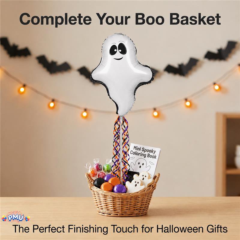 PMU Halloween Flying Ghost Balloons Set - 14 Inch Air-Filled Pre-Inflated (3 Pack) with Cup & Stick