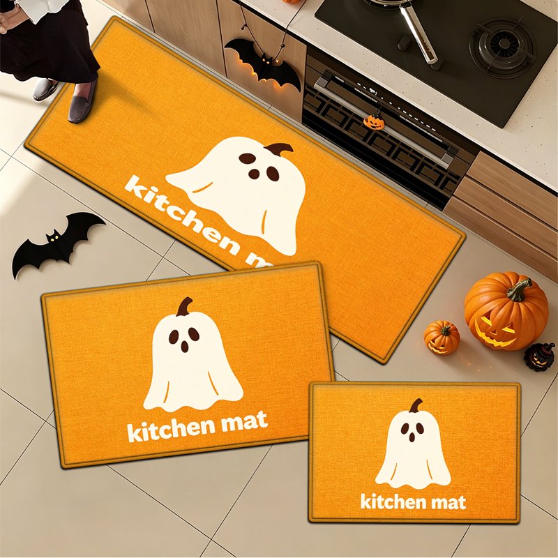 Halloween White Ghost Non-Slip Flannel Floor Mat & Rug Set - 15.7x23.6 & 17.7x47.2 Inches
