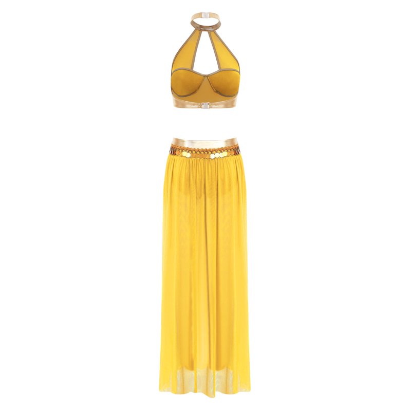 Women's Belly Dance Costume Set - Halter Crop Top & Mesh Split Skirt, Gold XXL Variation