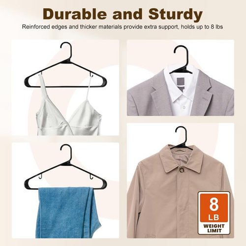 HOUSE DAY Black Plastic Hangers - Durable Space-Saving Clothes Hangers | 50 Pack for Shirts, Coats, Dresses