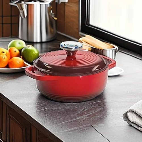 Lodge Enameled Cast Iron Dutch Oven - 1.5 Quart with Lid & Dual Handles - Oven Safe to 500°F - Red