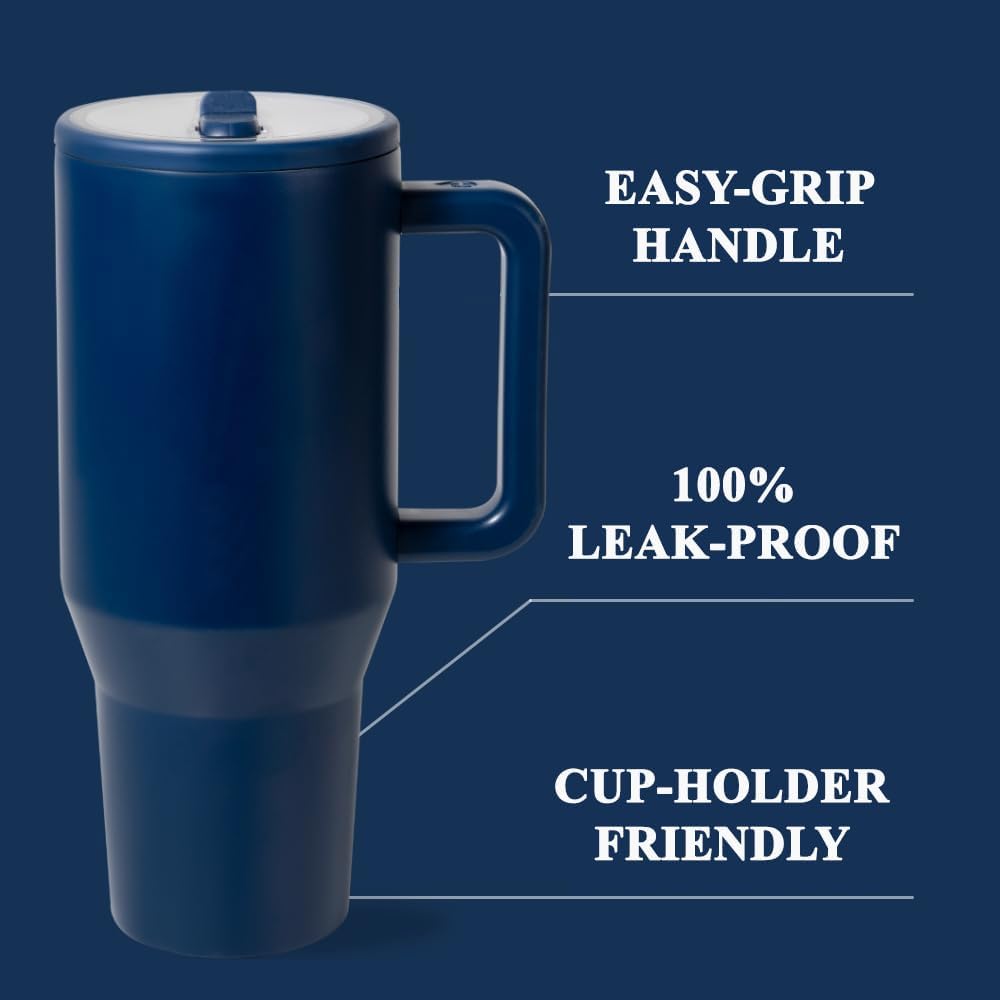 Skiennix 40 Oz Insulated Tumbler - 100% Leakproof Stainless Steel Travel Mug with Handle & Straw | Navy