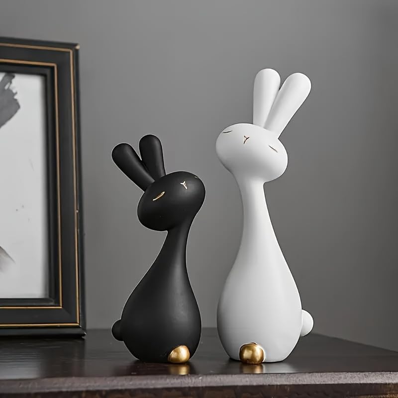 Skiennix Anime Style Resin Rabbit Statues - Black & White Bunny Figurines for Home Decor | Perfect Gift for Any Occasion