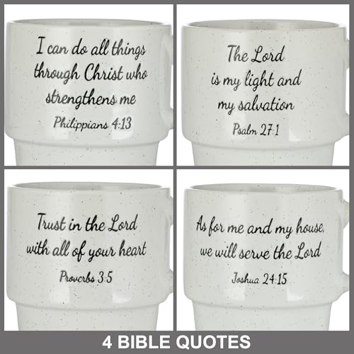 Signature Housewares Stackable Coffee Mug Tower Set with Metal Wire Rack - 15 Ounce Coffee Mugs for Coffee, Tea, Cocoa, Milk, Cappuccino, Hot Chocolate Set of 4 - Inspirational Bible Verses