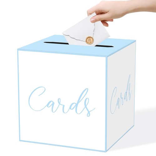 WNINK White and Blue Card Box for Parties, Weddings, Birthdays, Bridal & Baby Showers, Anniversaries, Graduations & Retirements Party Decorations – Cards, Raffle, Wishes & Money Card Boxes