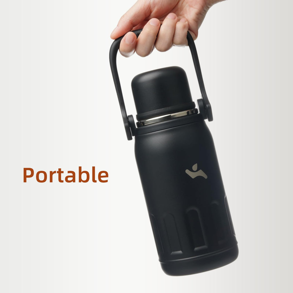 Konokyo Insulated Water Bottle with Handle and Strap,Vacuum Travel Tumbler with Cup Lid,Thermo Coffee Cup for Hot Cold Drinks 40 OZ,Black