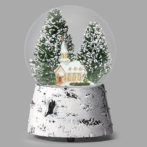 Roman Musical Snowglobe | Windup Church Christmas Tree with Birch Base | 100mm, 5.5-Inch Tabletop Decor