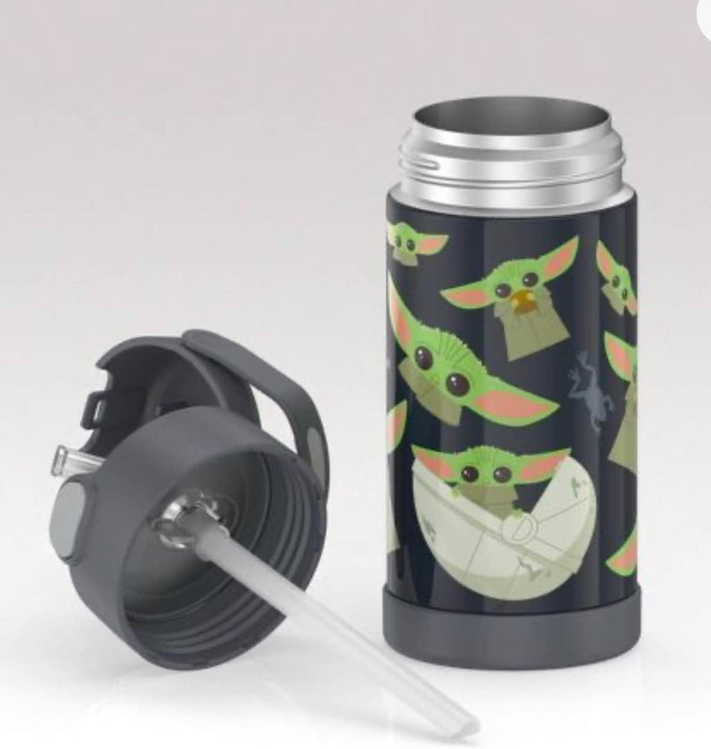 THERMOS FUNTAINER Water Bottle - 12 Ounce Kids Stainless Steel Vacuum Insulated with Straw | Mandalorian Design