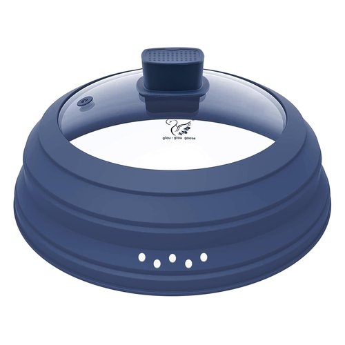 Microwave Splatter Cover Glass Guard Lid with Collapsible Silicone for Food Pot Plate Cover 9.8 inch Dark Blue