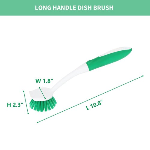 Dish Brush with Handle, 2 Pack Scrub Brushes with Built-in Scraper for Cleaning Kitchen, Pots, Pans and Sink, Scrubber Washing Tools, Green