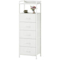 Somdot Tall Dresser for Bedroom, 5 Drawers Nightstand Vertical Storage Tower Unit, Night Stand Furniture with Fabric Drawer Organizer in Bedside Hallway, Entryway, Kids Room, Closet, White Leather