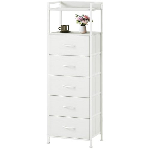 Somdot Tall Dresser for Bedroom, 5 Drawers Nightstand Vertical Storage Tower Unit, Night Stand Furniture with Fabric Drawer Organizer in Bedside Hallway, Entryway, Kids Room, Closet, White Leather