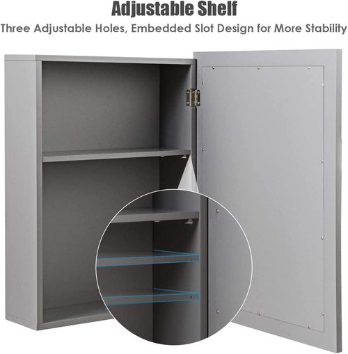 GOFLAME Bathroom Medicine Cabinet, Wall Mount Mirrored Storage Cabinets w/Single Door & Adjustable Shelf, Multipurpose Wooden Organizer for Hallway Living Room Bedroom, Grey