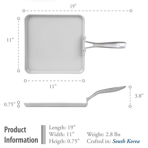 TECHEF - CeraTerra Ceramic Nonstick Square Griddle Pan (PTFE and PFOA Free Ceramic Exterior & Interior), Oven & Dishwasher Safe, Made in Korea, Grey/Silver (Griddle Pan)