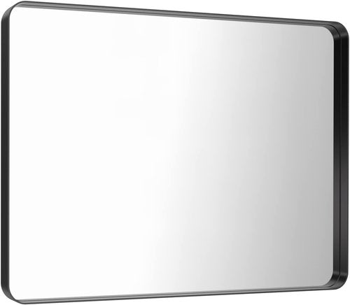 LOAAO Black Metal Framed Bathroom Mirror - 40x32 Inch Large Rounded Rectangle, Anti-Rust Tempered Glass