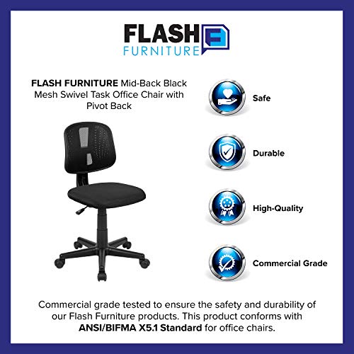 Flash Furniture Flash Fundamentals Mid-Back Swivel Task Office Chair with Pivot Back, Height-Adjustable Ergonomic Mesh Office Desk Chair, Black