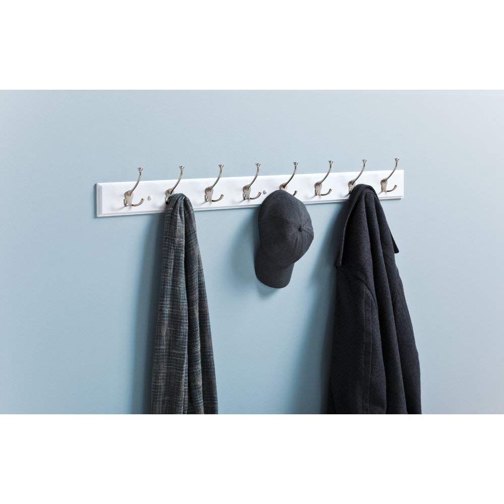Franklin Brass Tri-Hook (1-Pack) 45" Coat Rack Wall Mount Pure White Hat Rack with 8 Hooks Hanging Hook Rail for Clothes, Towels, Purses, Bags, Kitchen, Entry, Closet Organization R33646K-PMN-R