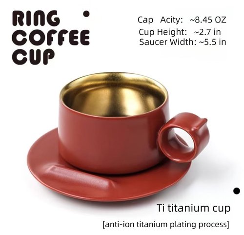 EartAura Designer’s Original Handmade Ceramic Coffee Mugs with Saucer，Food-Grade Titanium, Unique Ring Coffee cup for Office and Home, Birthday，Valentine's Gifts for Men and Women (Cherry red)